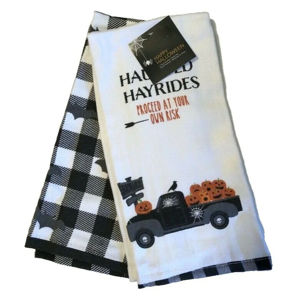 Halloween Kitchen Dish Towels Haunted Farm Truck Pumpkin Buffalo Check Set of 2